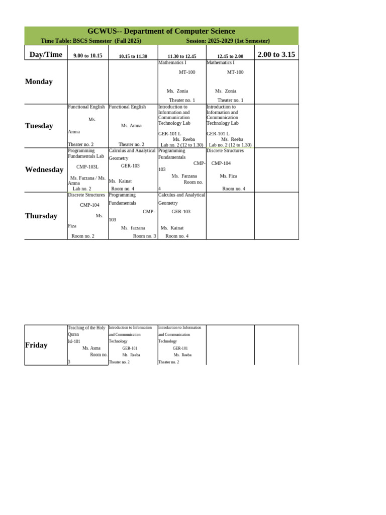 TimeTable Fall 2025-Verision 14 | PDF | Computing | Mathematics