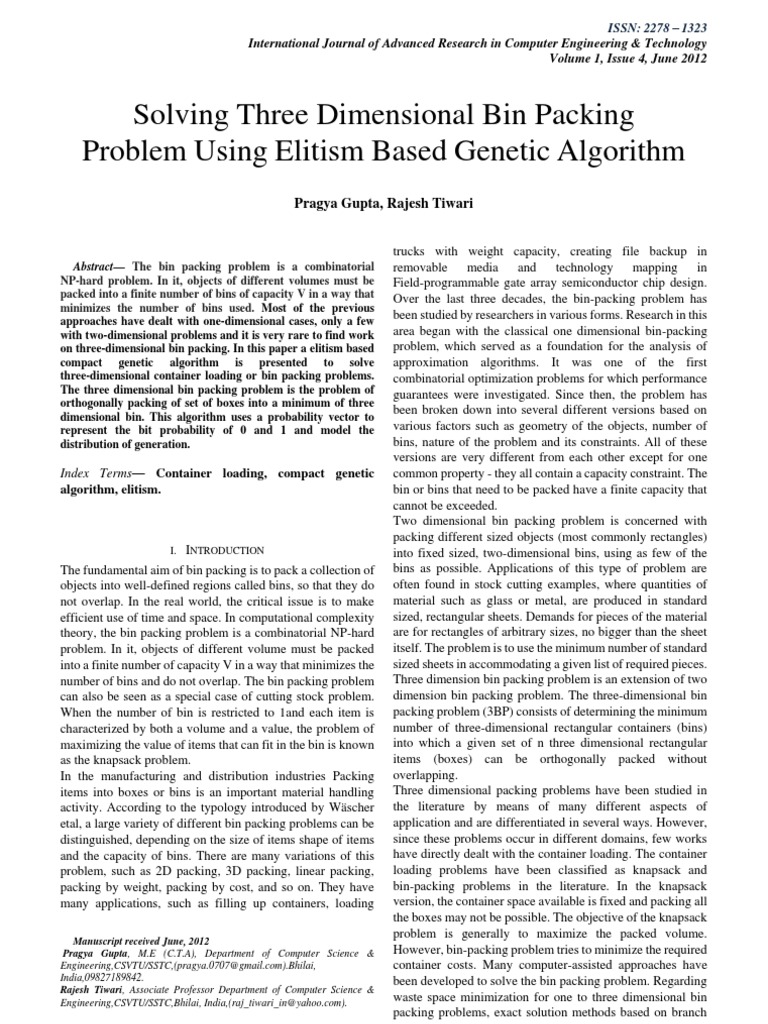 Solving Three Dimensional Bin Packing Problem Using Elitism Based Algorithm Download