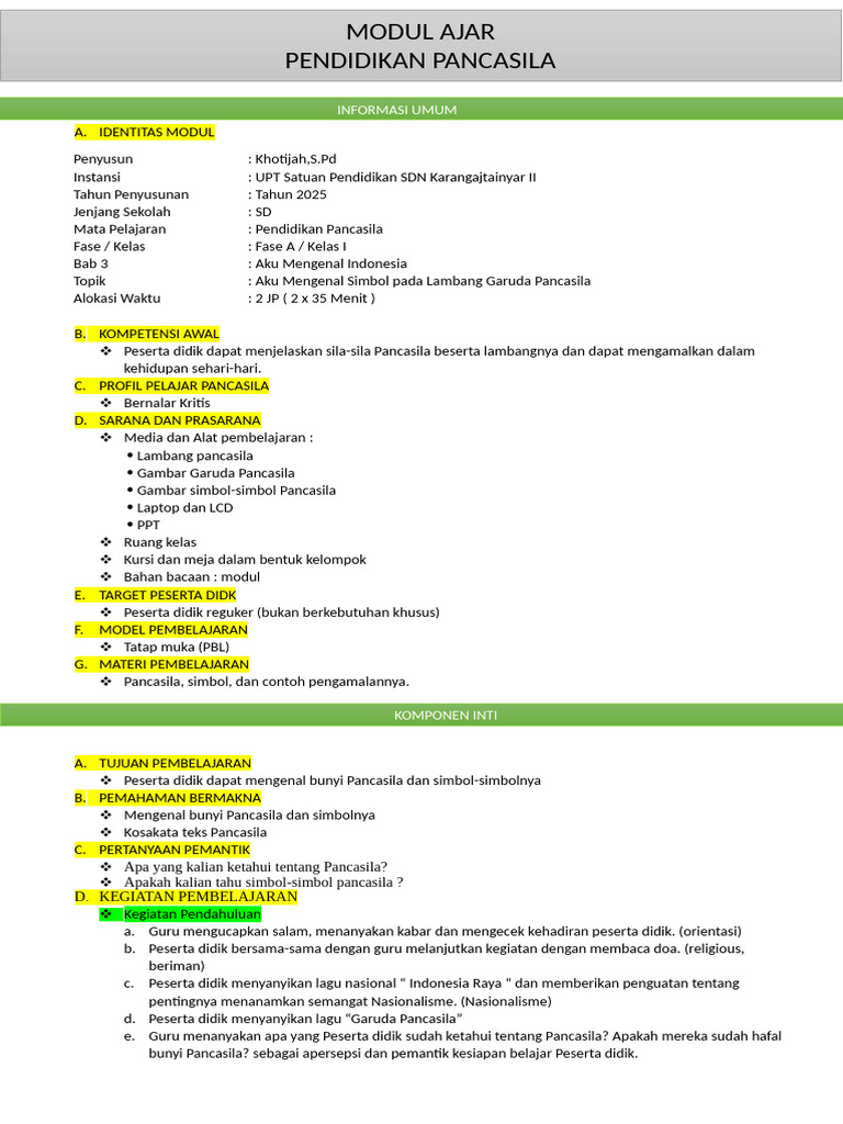 Modul Ajar Pendidikan Pancasila Kelas 1 | PDF