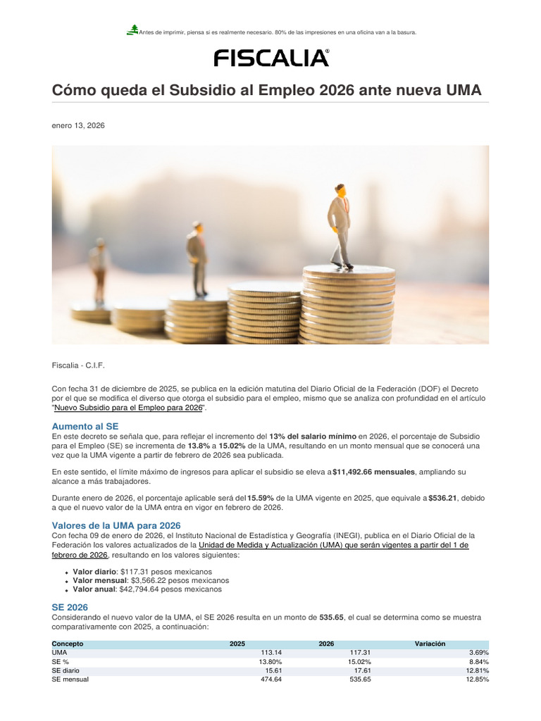 Cómo Queda El Subsidio Al Empleo 2026 Ante Nueva UMA | PDF | Economias