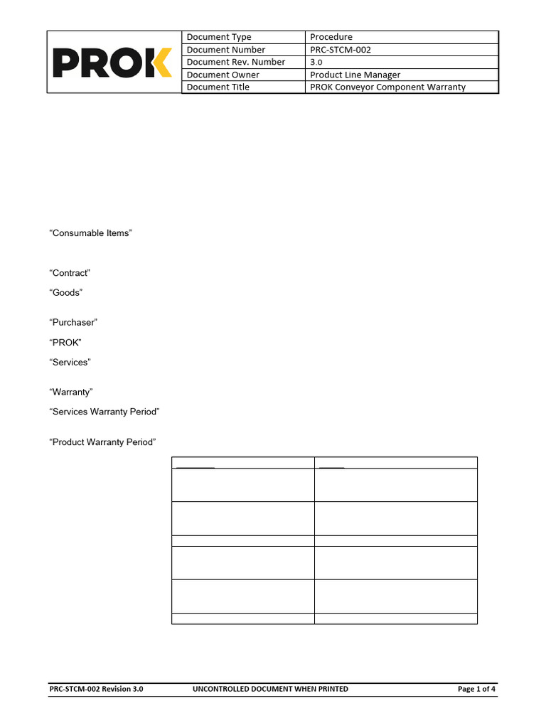 PROK Conveyor Components Warranty | PDF | Indemnity | Legal Liability