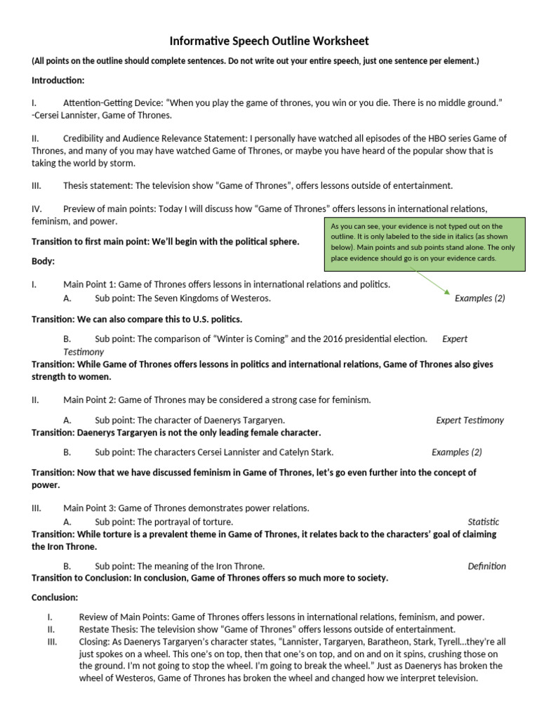 Kelsey's Informative Speech Outline Example | PDF | World Of A Song Of ...