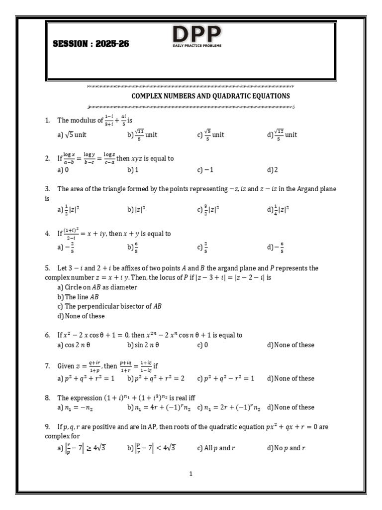 Complex Numbers and Quadratic Equations Q-1 | PDF | Triangle ...