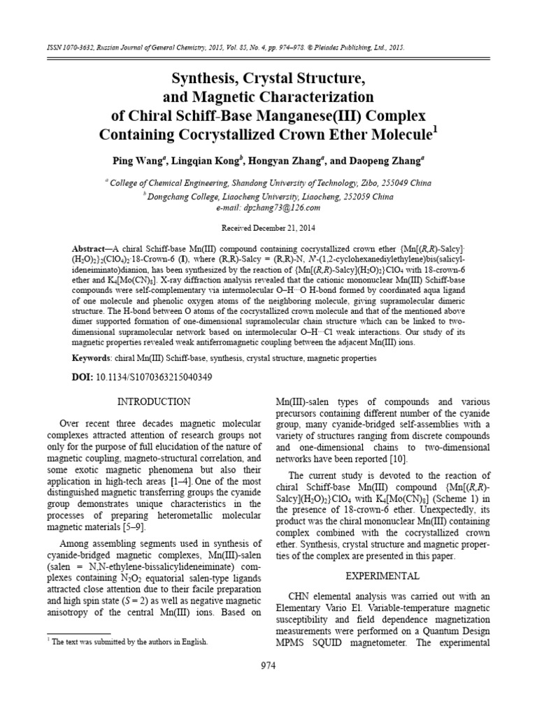 Synthesis, Crystal Structure, and Magnetic Characterization of Chiral ...
