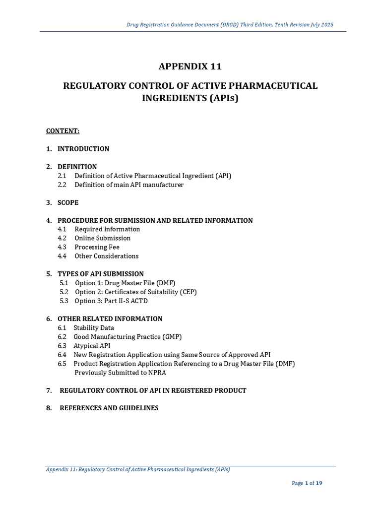 APPENDIX 11 Regulatory Control of Active Pharmaceutical Ingredients ...