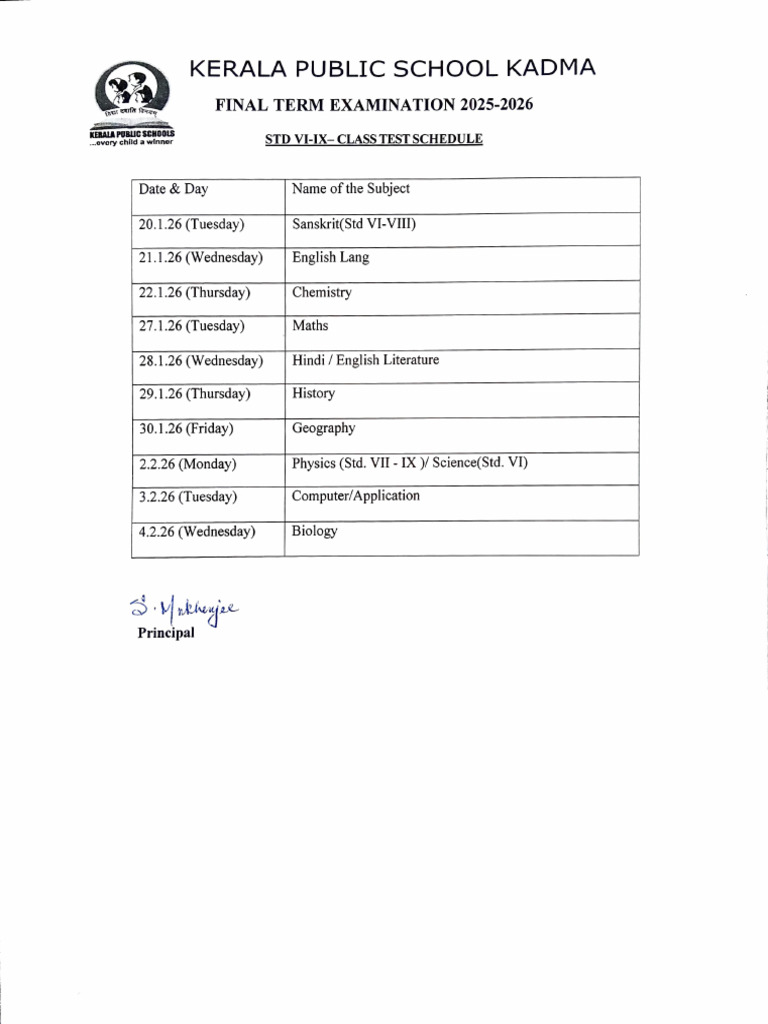 Class Test Schedule VI IX | PDF