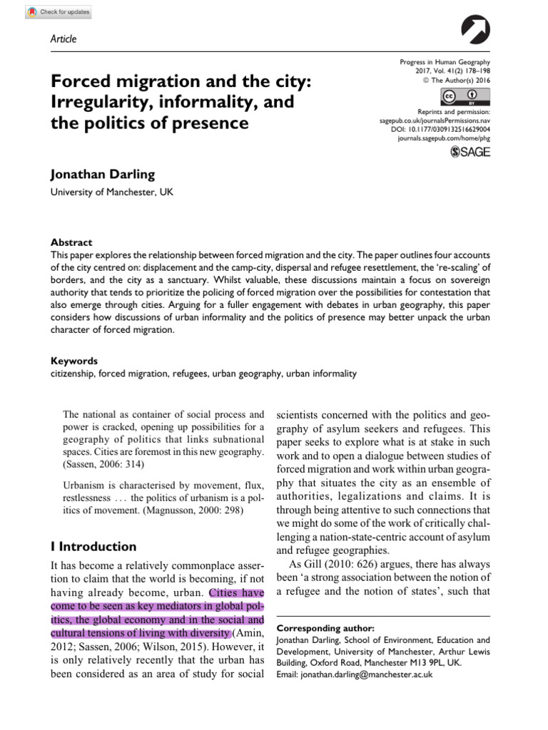 Darling 2016 Forced Migration and The City | PDF | Refugee | Human ...