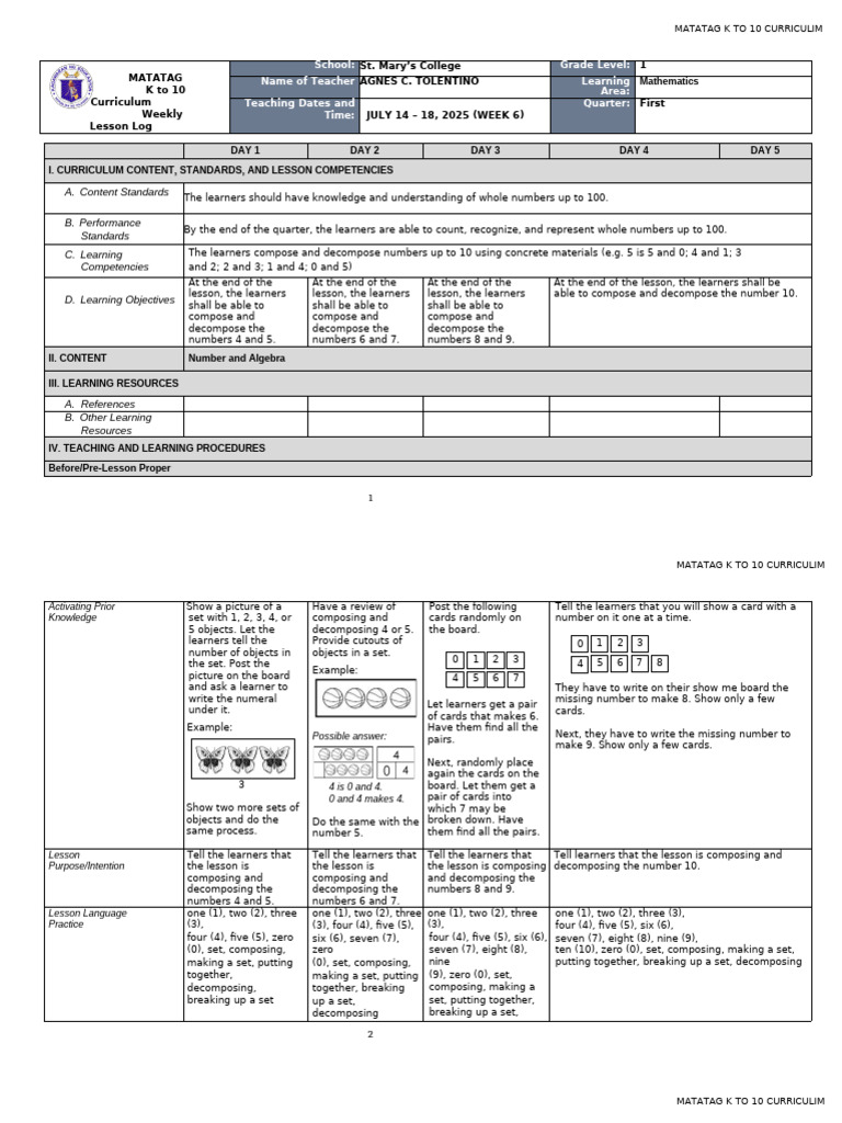 Dll-Matatag Mathematics-1 Q1 W6 | PDF | Curriculum | Learning