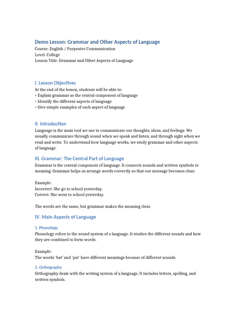 Grammar and Other Aspects of Language Demo Lesson | PDF | Semantics | Word
