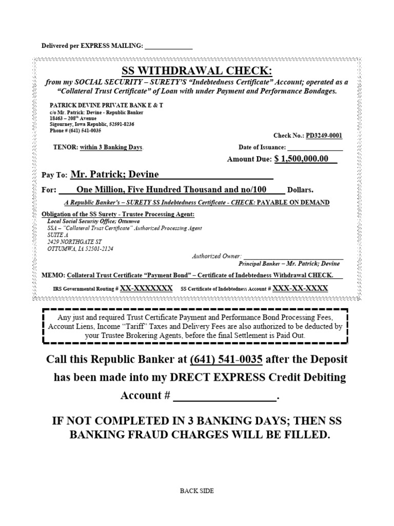 My SS Surety Certificate Withdrawal Check Example | PDF