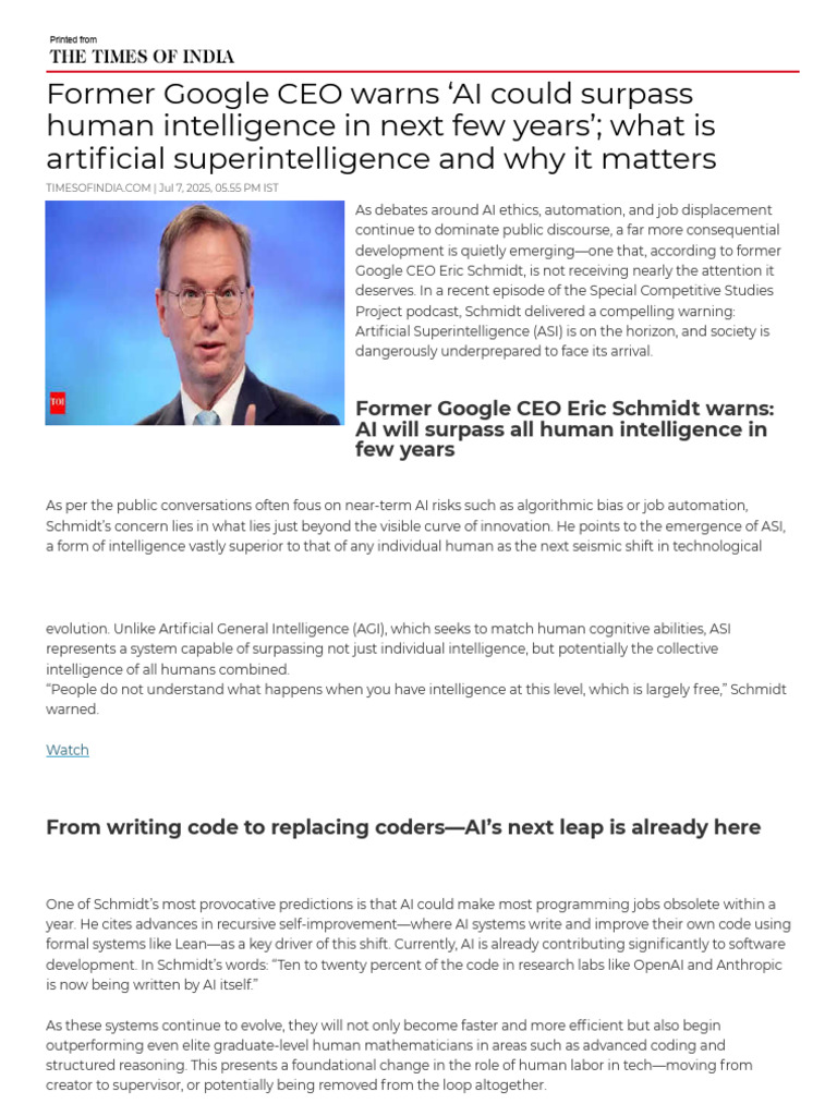 Former Google CEO Warns AI Could Surpass Human Intelligence in Next Few ...