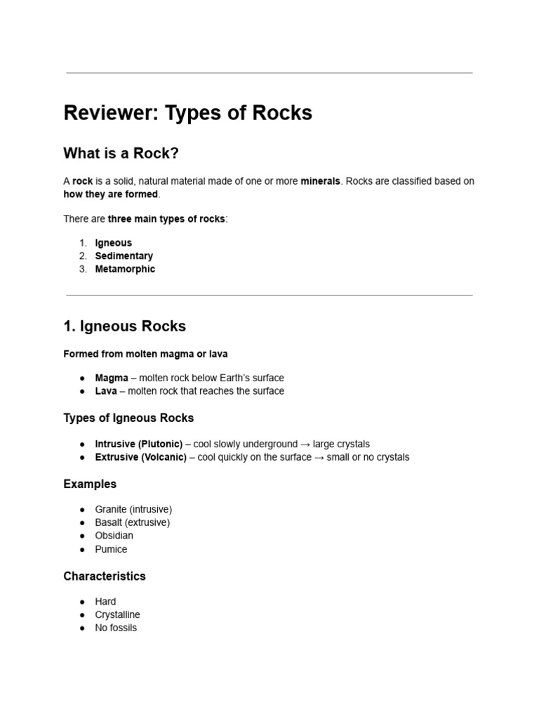 Reviewer - Types of Rocks | PDF