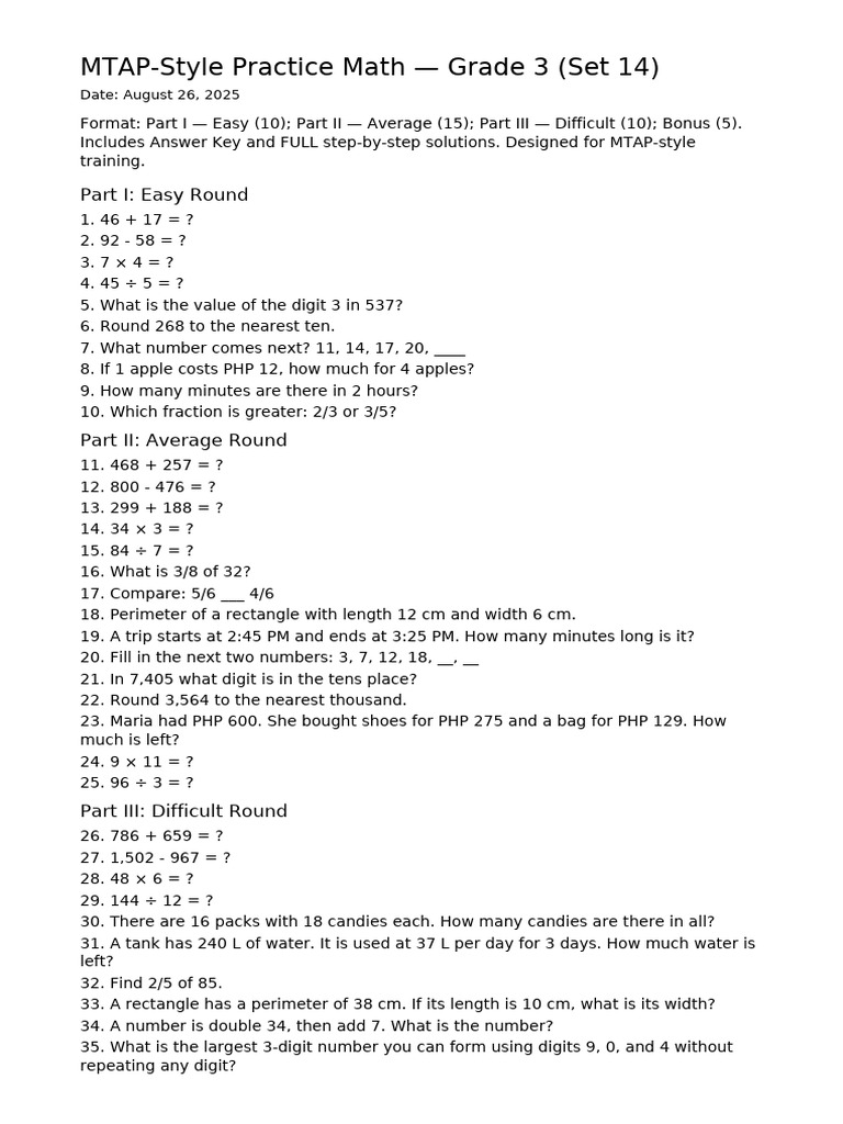 Grade3 Math Contest Practice MTAP Day 15 | PDF | Multiplication | Length