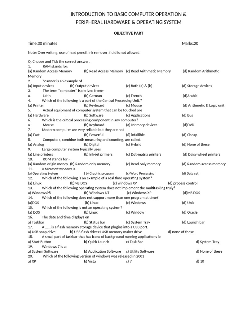 INTRODUCTION TO BASIC COMPUTER OPERATION and OS MID TERM PAPER 2025 ...