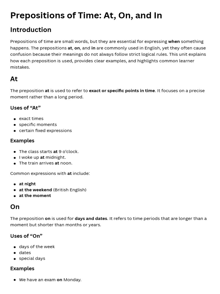 Prepositions of Time At, On, and in | PDF | Linguistics