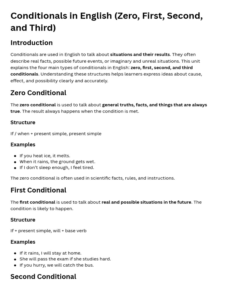 Conditionals in English (Zero, First, Second, and Third) | PDF ...