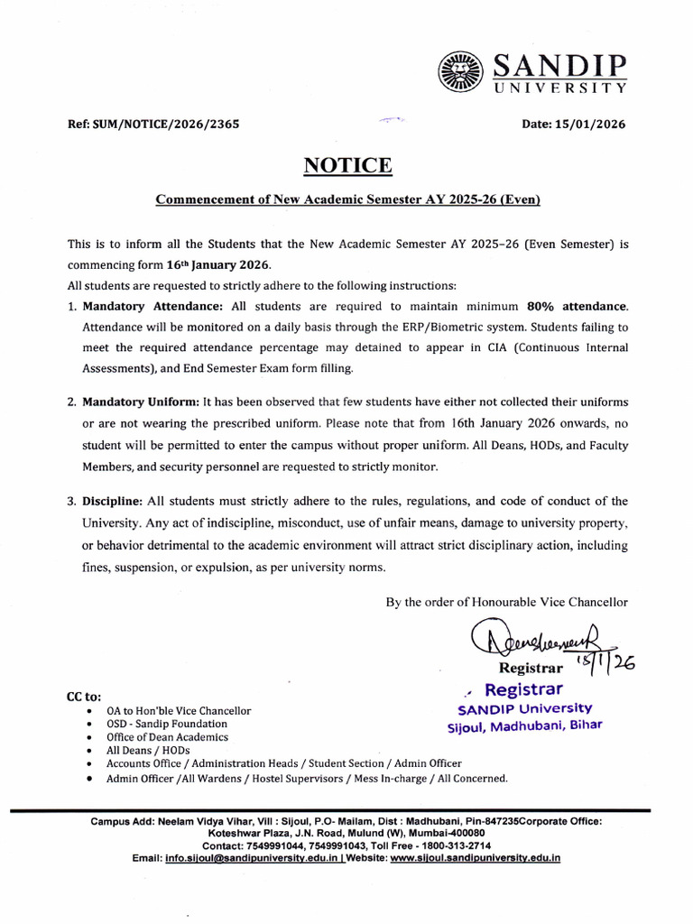 Notice For New Academic Semester AY 2025-26 (Even) | PDF
