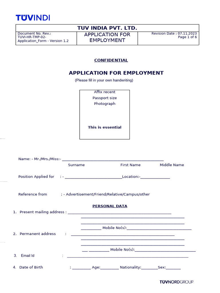 TUVI HR TMP 02 Application - Form Version 1.2 | PDF