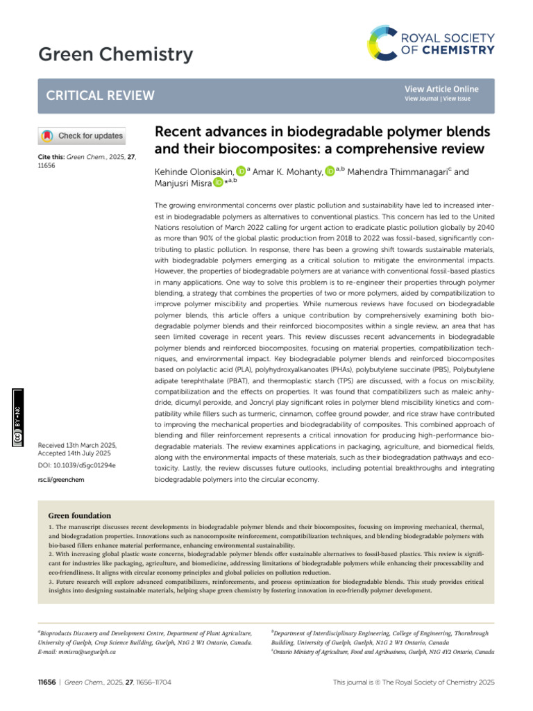 Green Chemistry: Recent Advances in Biodegradable Polymer Blends and ...