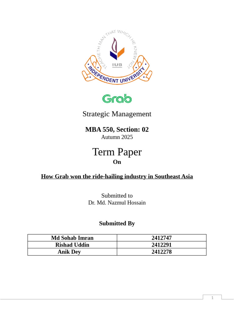 MBA 550 Term Paper - Grab | PDF | Business