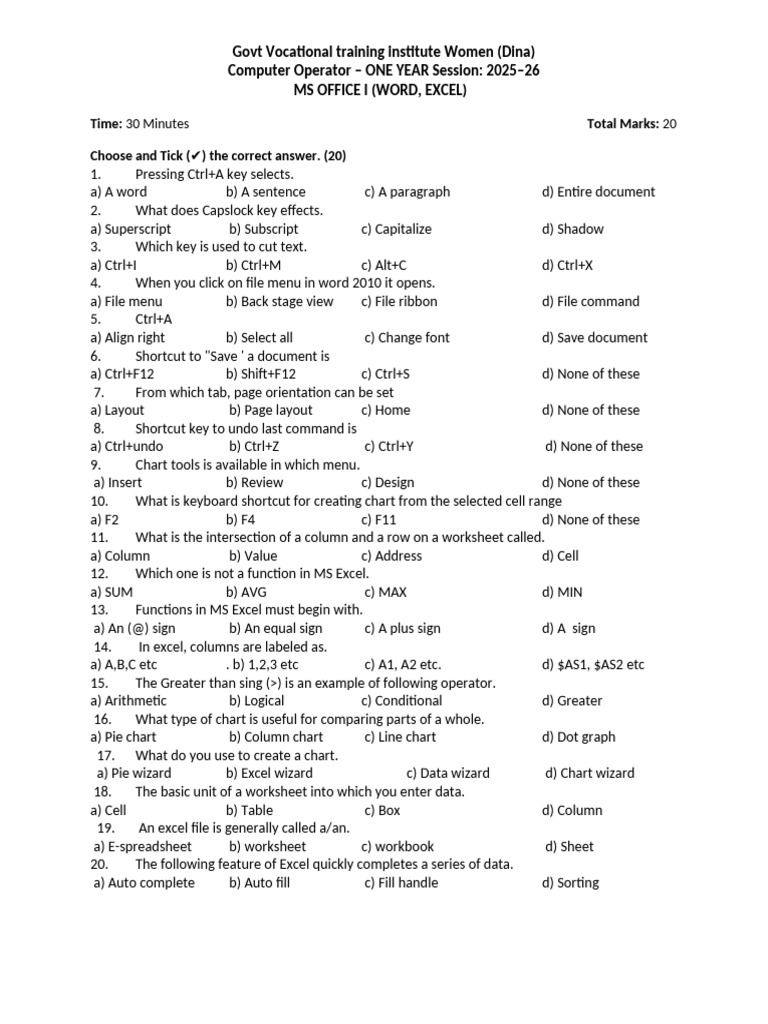 Computer Operator G Iii MS Office Mid Term Paper 2025-2026 | PDF ...