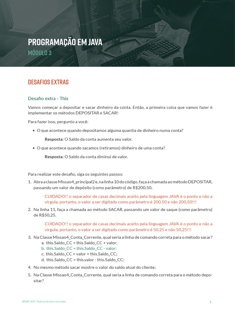 JAVA MODULO3 Desafios Extras PDF 007 | PDF | Classe (programação de ...