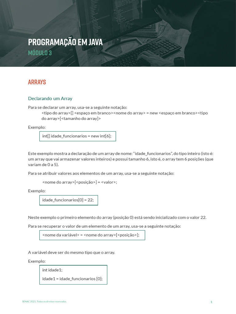 JAVA MODULO3 Arrays PDF 006 | PDF | Programação de computadores | Dados ...