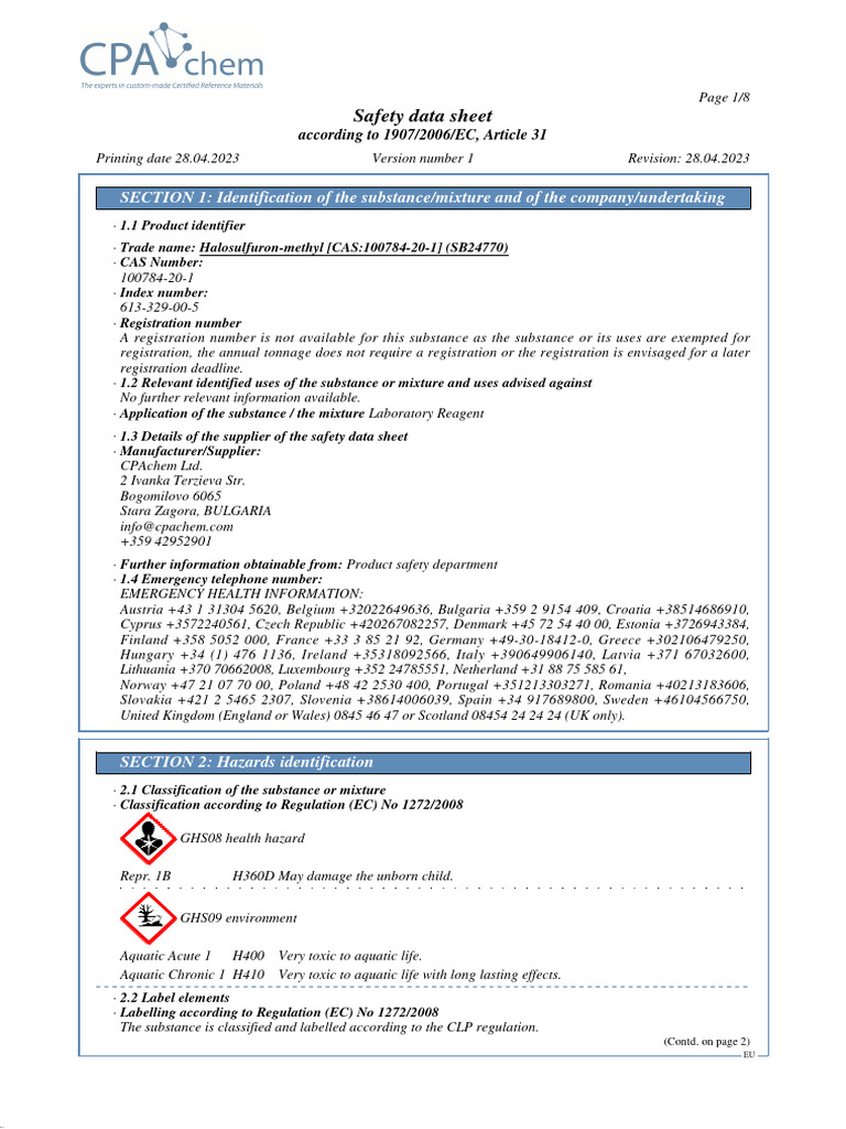 Halosulfuron-Methyl (CAS 100784-20-1) (SB24770) (EU) | PDF | Dangerous ...