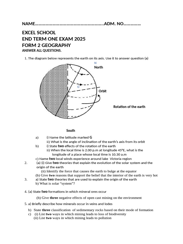 Geography Form 2 End Term 1 2025 | PDF | Earth | Geology