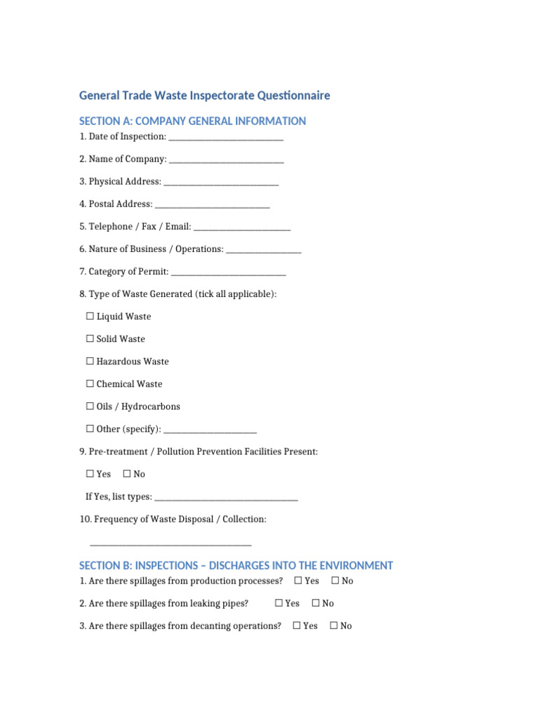 Trade Waste Inspectorate Questionnaire | PDF | Waste | Human Impact On ...
