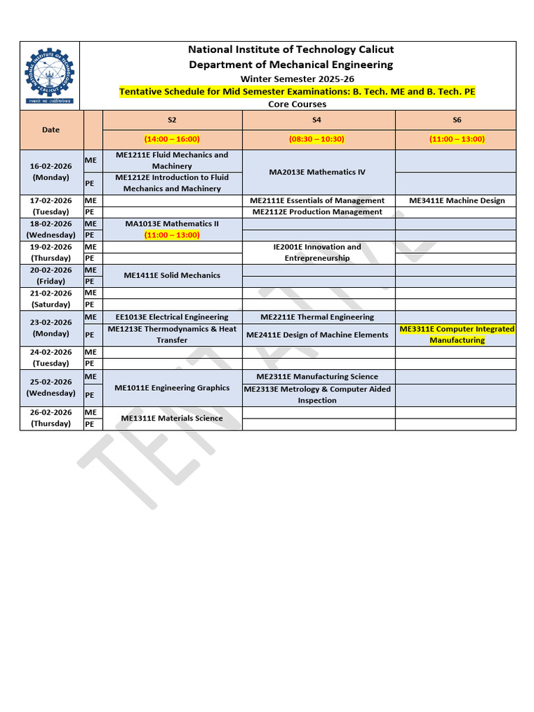 Tentative Schedule Midsem Examination Winter 2025-26 V2 | PDF ...