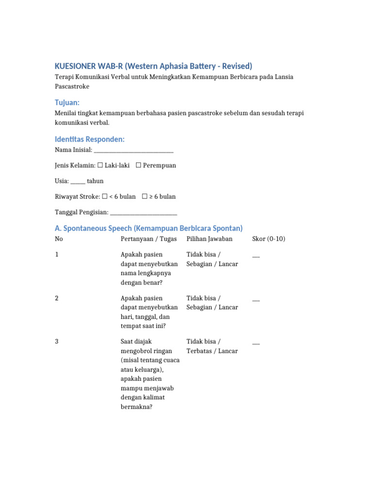 Kuesioner WAB-R Terapi Komunikasi Verbal Lansia Pascastroke | PDF