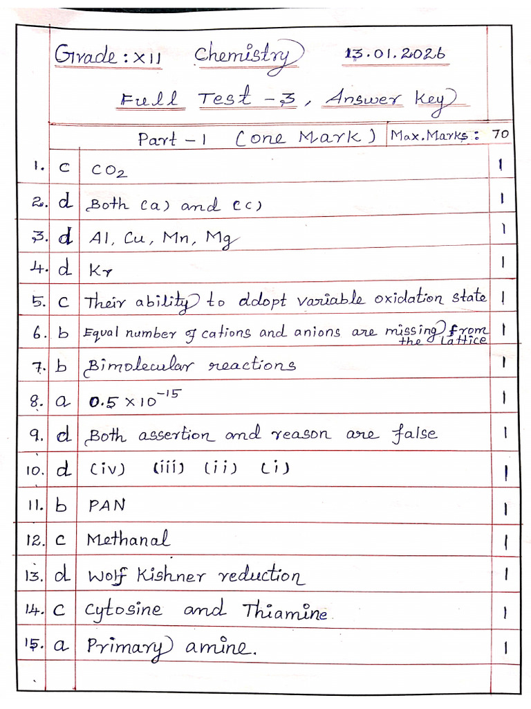 XII FT - 3 Chemistry Answer Key | PDF