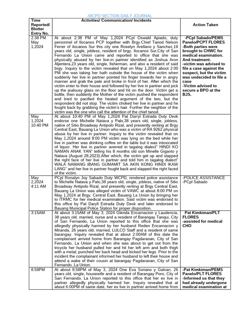 WCPD Section Daily Journal | PDF