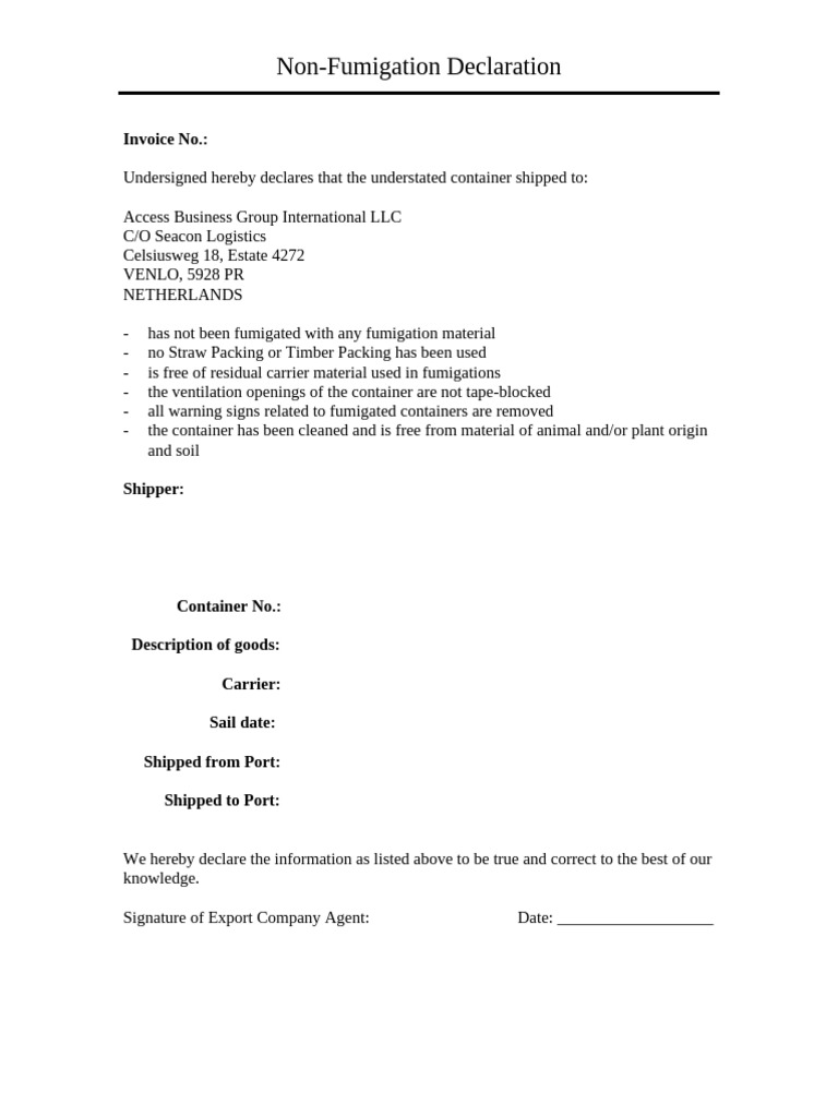 Non Fumigation Declaration | PDF