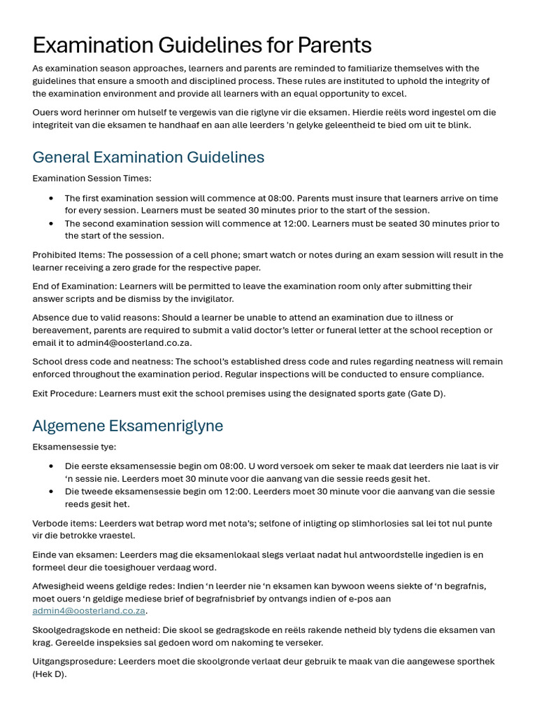 Examination Guidelines For Parents | PDF