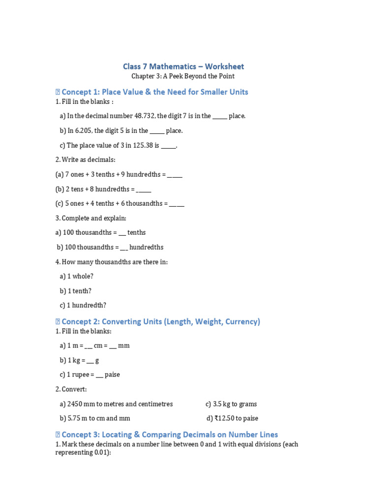 Class 7 Chapter 3 Worksheet | PDF | Numbers | Rupee