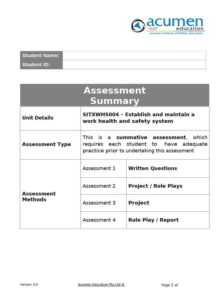 Assessment: Student Name: Student ID | PDF | Occupational Safety And ...