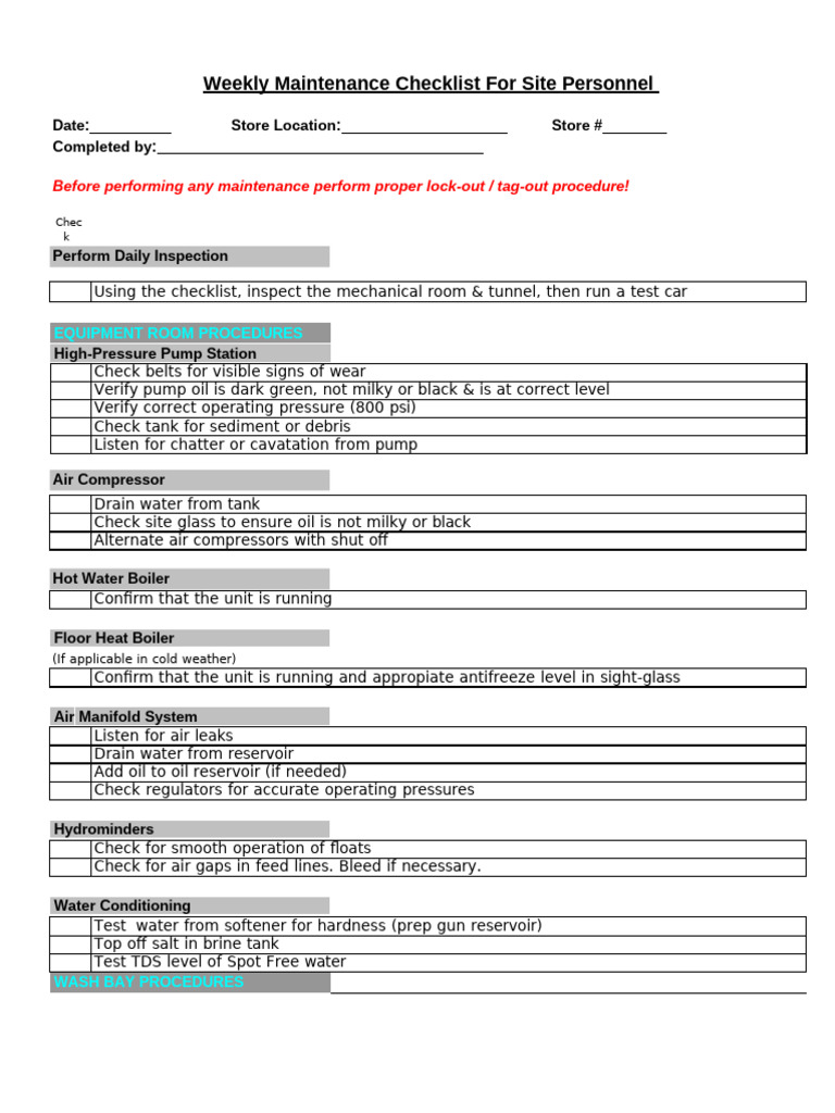 Weekly Maintenance Checklist Template | PDF | Bearing (Mechanical ...