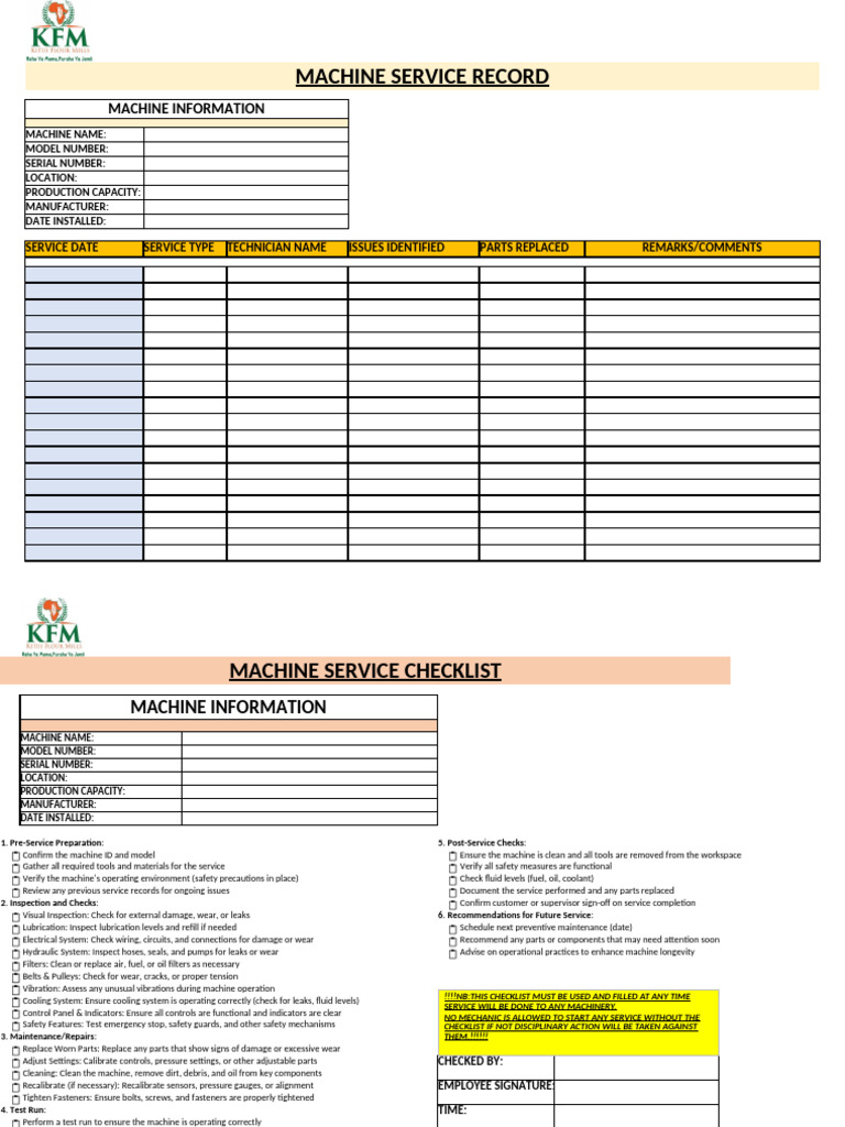 Machine Servive Record and Checklist | PDF | Machines | Leak