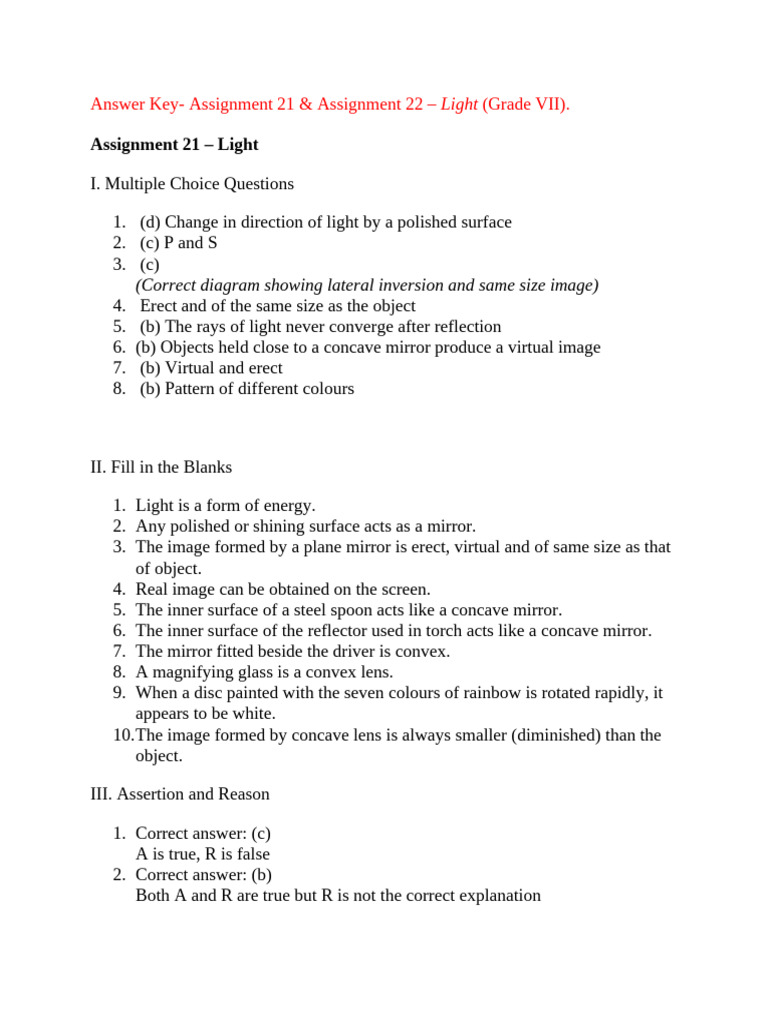 Answer Key Assignment Booklet-Light | PDF | Mirror | Reflection (Physics)