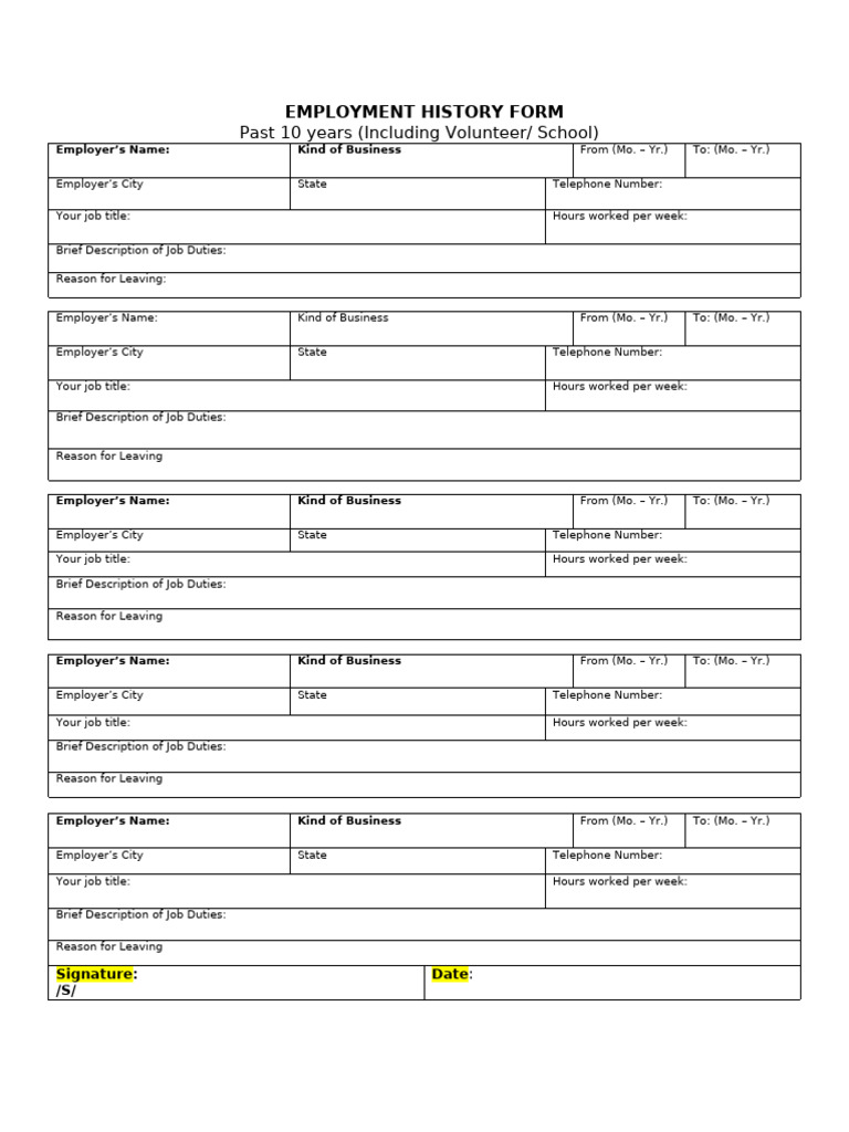 Employment History Form | PDF