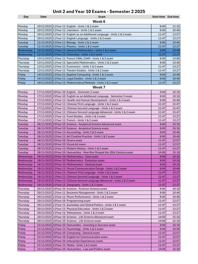 Year 10 & Year 11 Semester 2 Examination Schedule 2025 | PDF | Academic ...