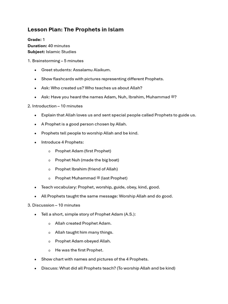 Grade 1 Lesson Plan - The Prophets in Islam | PDF | Prophets And ...