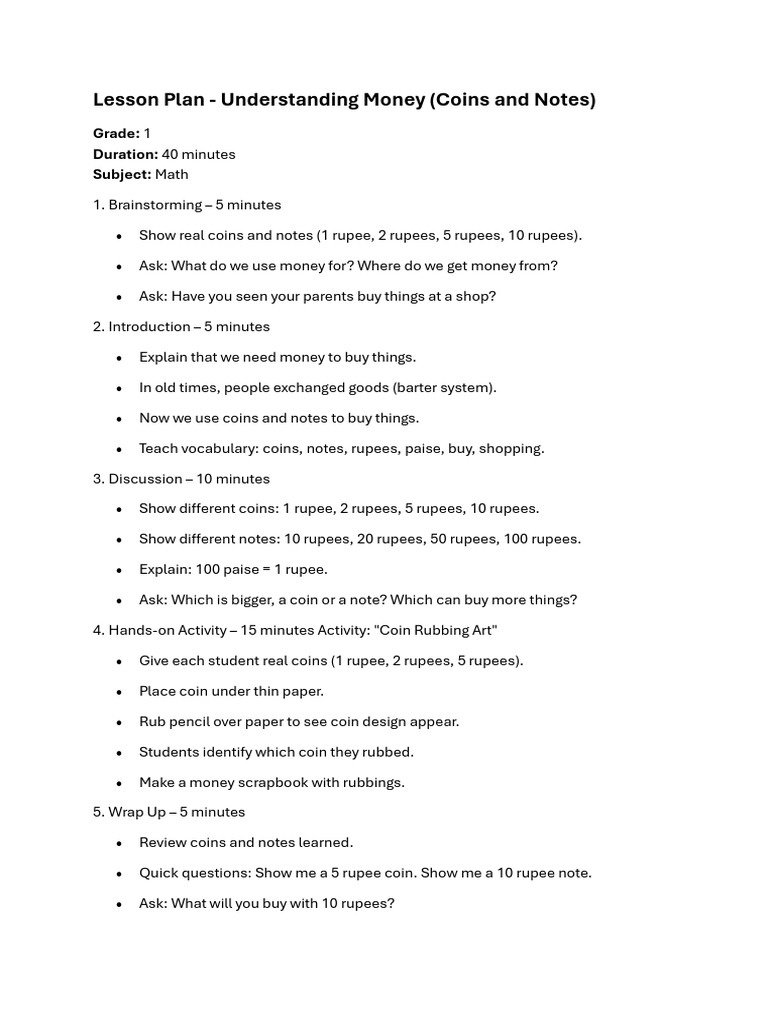 Grade 1 Lesson Plan - Understanding Money | PDF