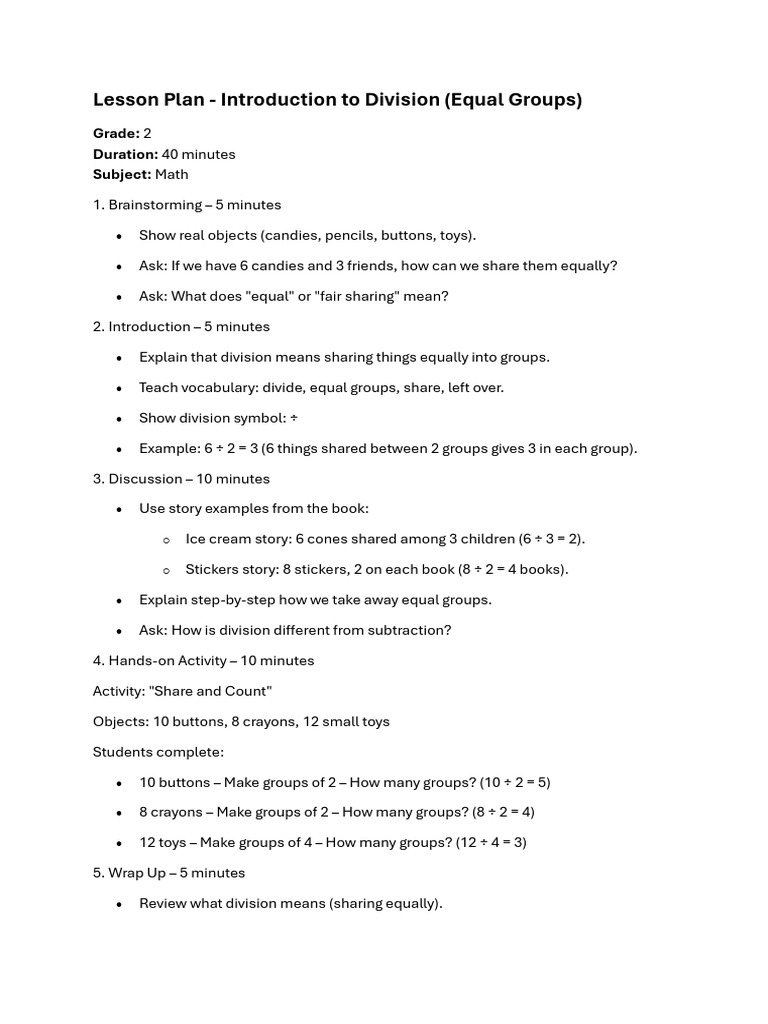 Grade 2 Lesson Plan - Introduction To Division | PDF