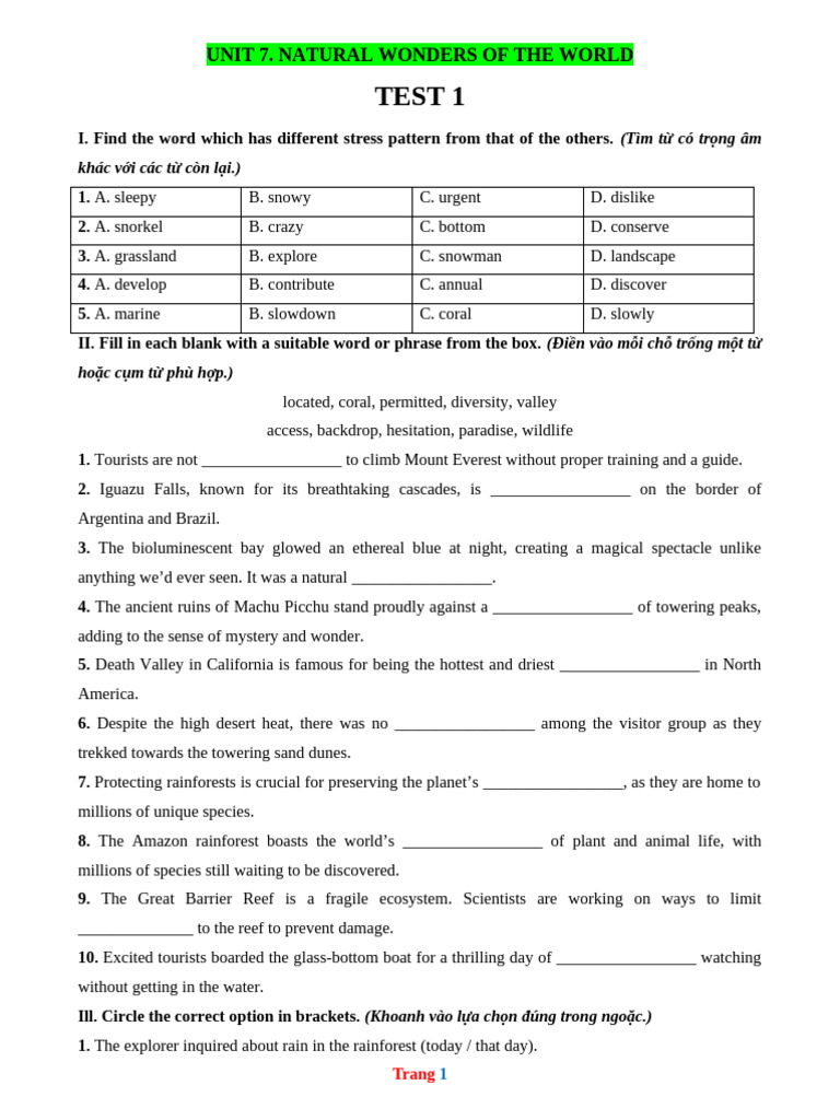 Bai Tap Tieng Anh 9 Global Unit 7. Natural Wonders of The World | PDF