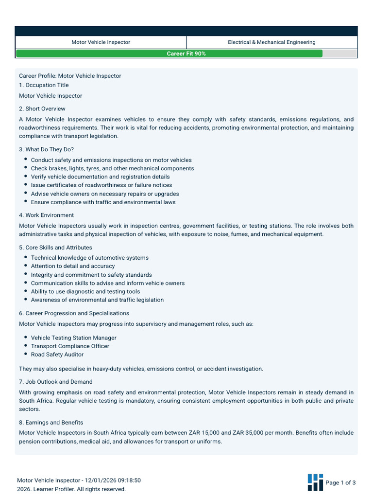 Motor Vehicle Inspector Job Fit | PDF | Vehicles | Safety