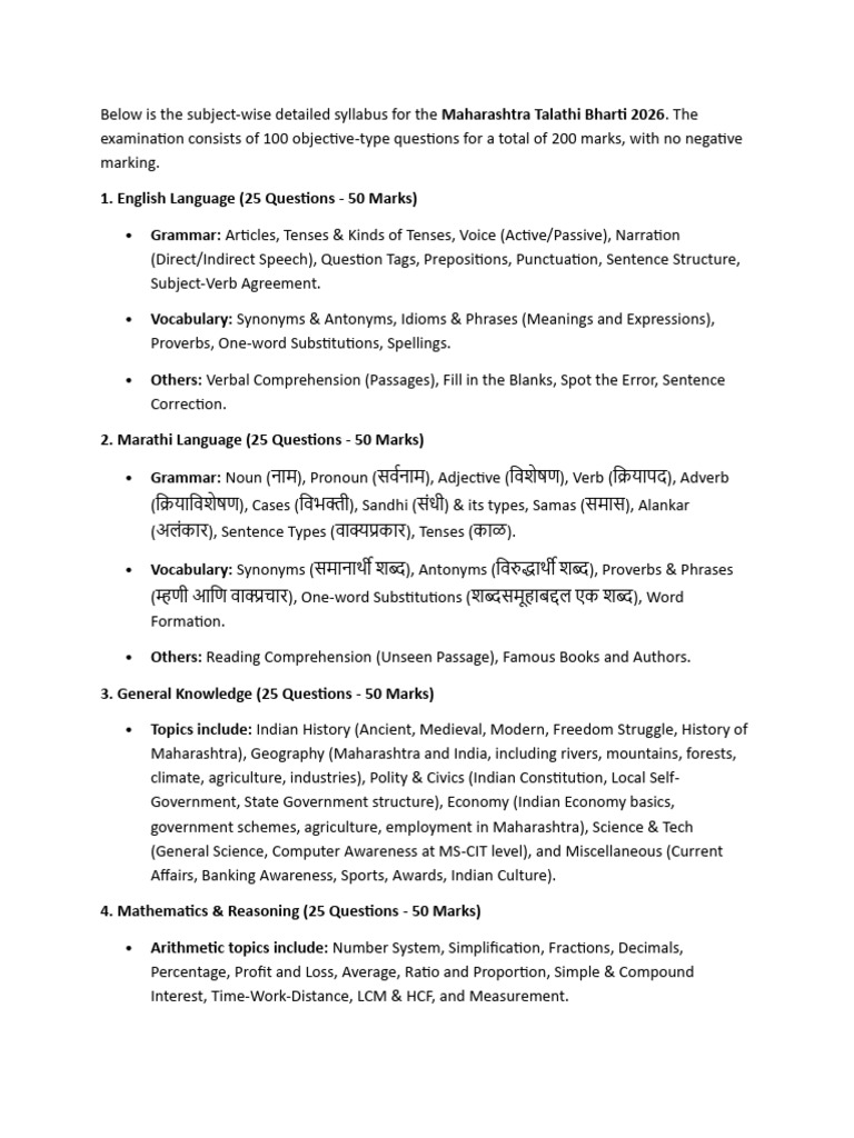 Talathi Bharti Syllabus | PDF | Verb | Language Mechanics