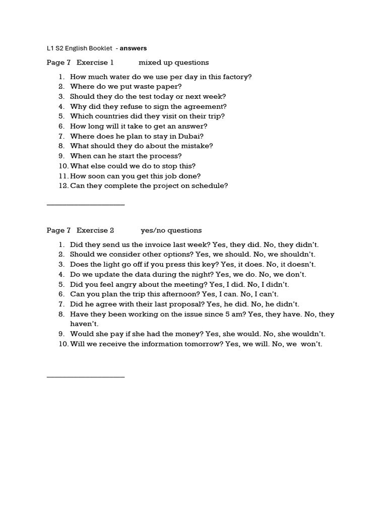 L1 S2 English Booklet - Answers | PDF